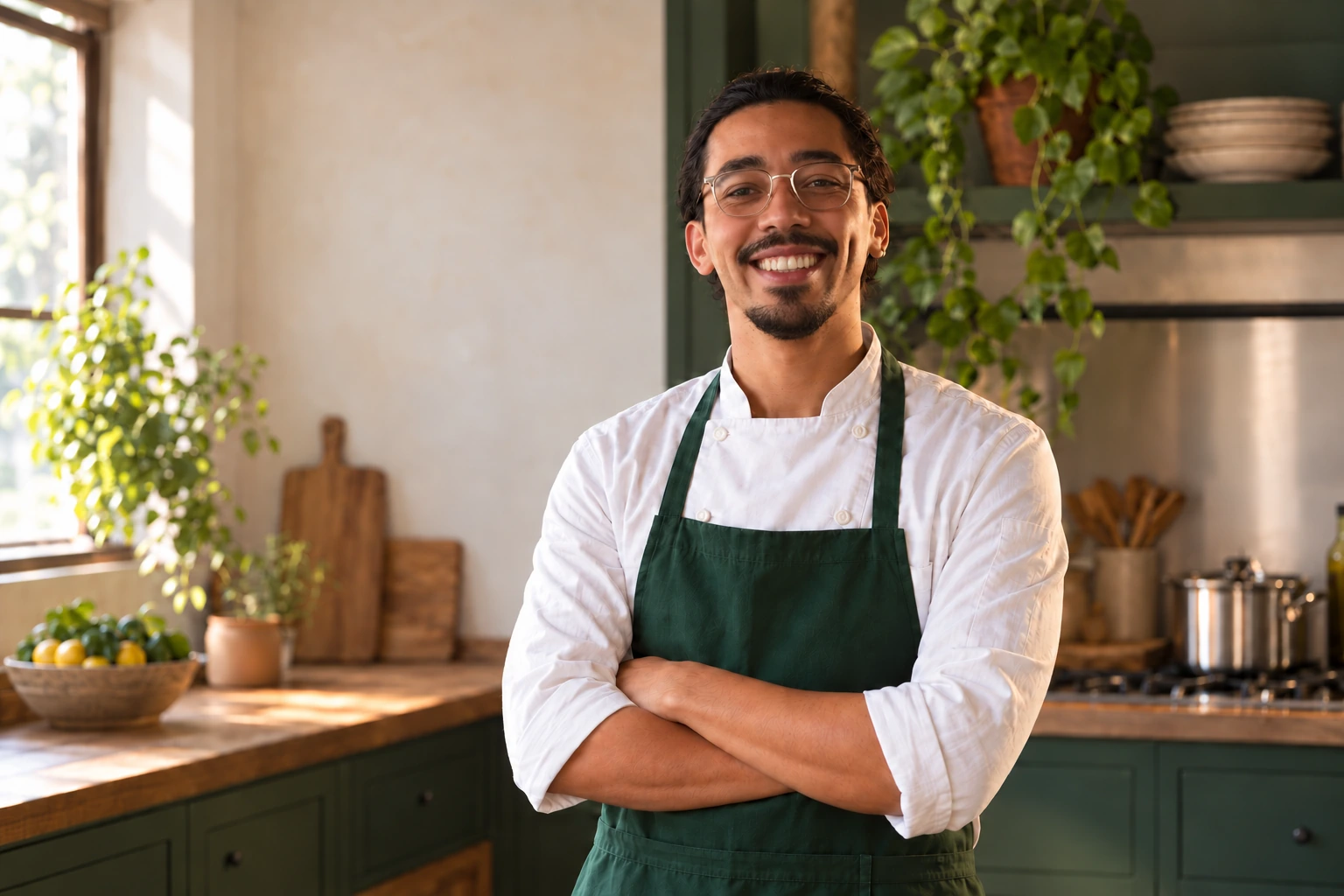 Chef Ed Estrella sorrindo, de dólmã branca e avental verde.